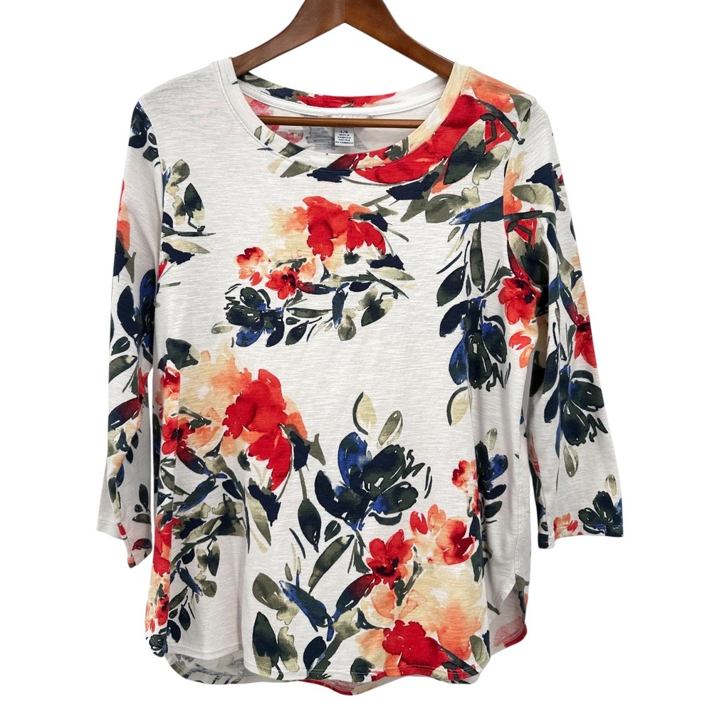 Tommy Bahama Cotton Knit Blouse Ivory Floral 3/4 Length Sleeves Women's Large